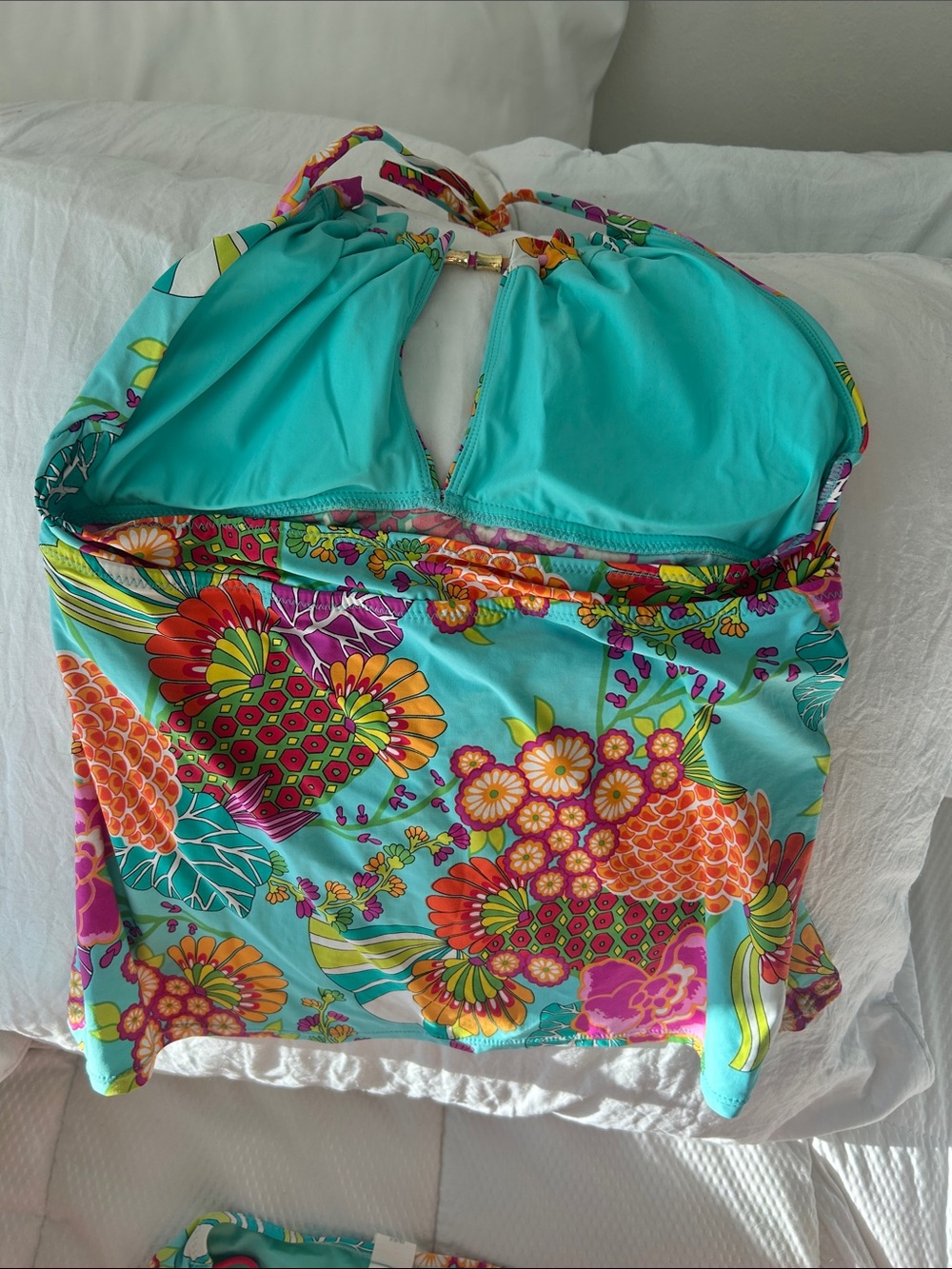 Trina Turk Turquoise Floral Halter Tankini Top with Orange and Pink Accents - Picture 5 of 8